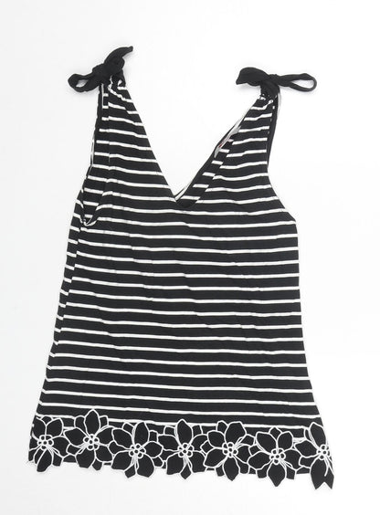 Dorothy Perkins Womens Black Striped Cotton Basic Tank Size 10 V-Neck - Flower Detail