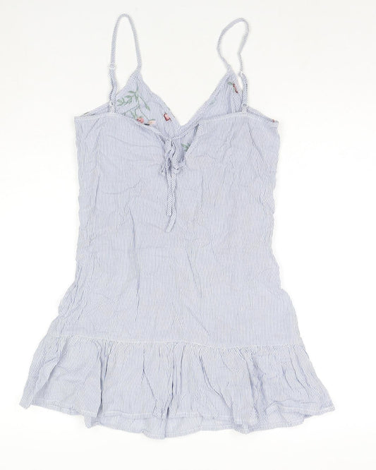 Bershka Womens Blue Striped Cotton Tank Dress Size S V-Neck Pullover - Flowers