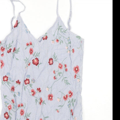 Bershka Womens Blue Striped Cotton Tank Dress Size S V-Neck Pullover - Flowers