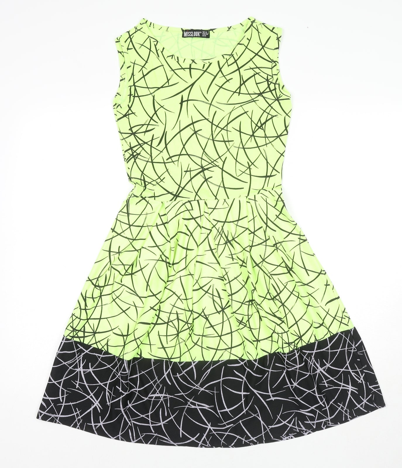 MissLook Womens Green Geometric Polyester Fit & Flare Size 10 Round Neck Pullover - Neon