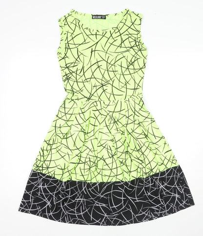 MissLook Womens Green Geometric Polyester Fit & Flare Size 10 Round Neck Pullover - Neon