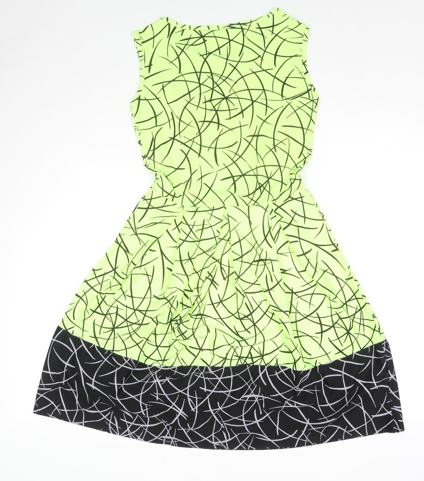 MissLook Womens Green Geometric Polyester Fit & Flare Size 10 Round Neck Pullover - Neon