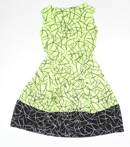 MissLook Womens Green Geometric Polyester Fit & Flare Size 10 Round Neck Pullover - Neon