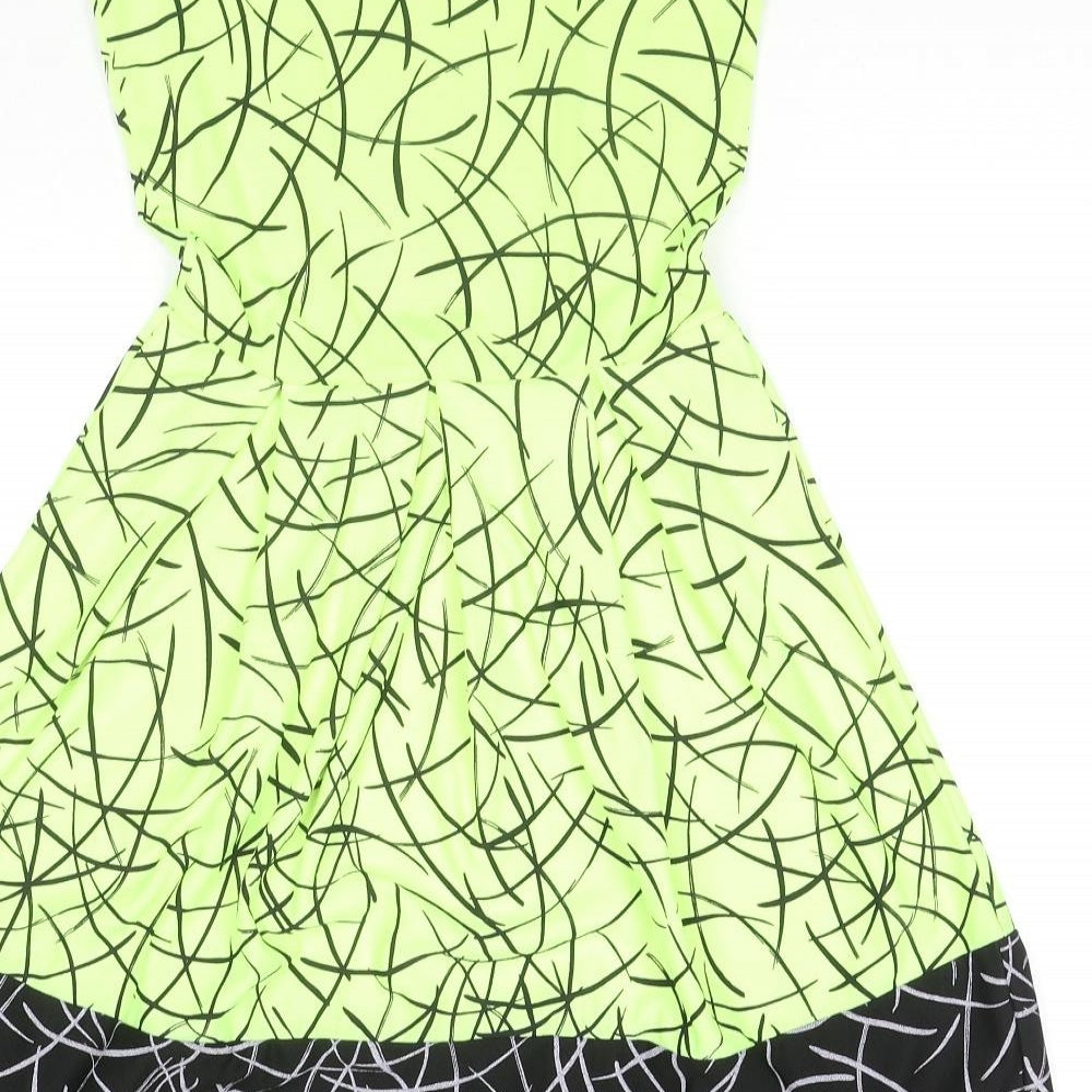 MissLook Womens Green Geometric Polyester Fit & Flare Size 10 Round Neck Pullover - Neon