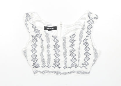 PARISIAN SIGNATURE Womens White Geometric Viscose Cropped Tank Size 8 Round Neck