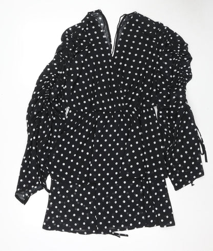 PRETTYLITTLETHING Womens Black Polka Dot Polyester Mini Size 10 V-Neck Tie