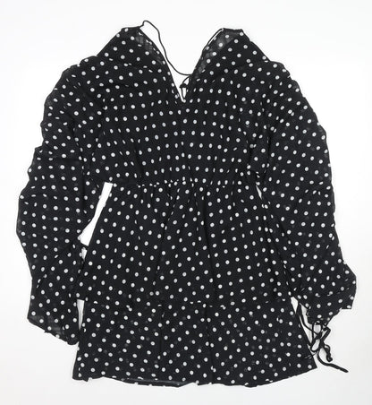 PRETTYLITTLETHING Womens Black Polka Dot Polyester Mini Size 10 V-Neck Tie