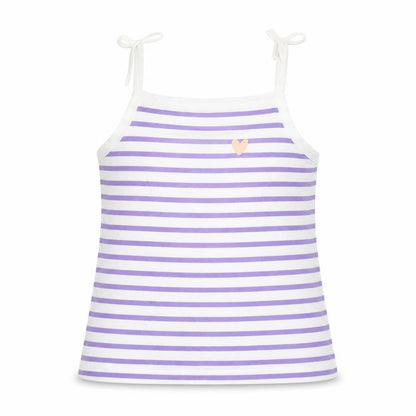 Front view of Marks & Spencer girls’ purple striped cotton basic tank, size 2-3, years square neck pullover