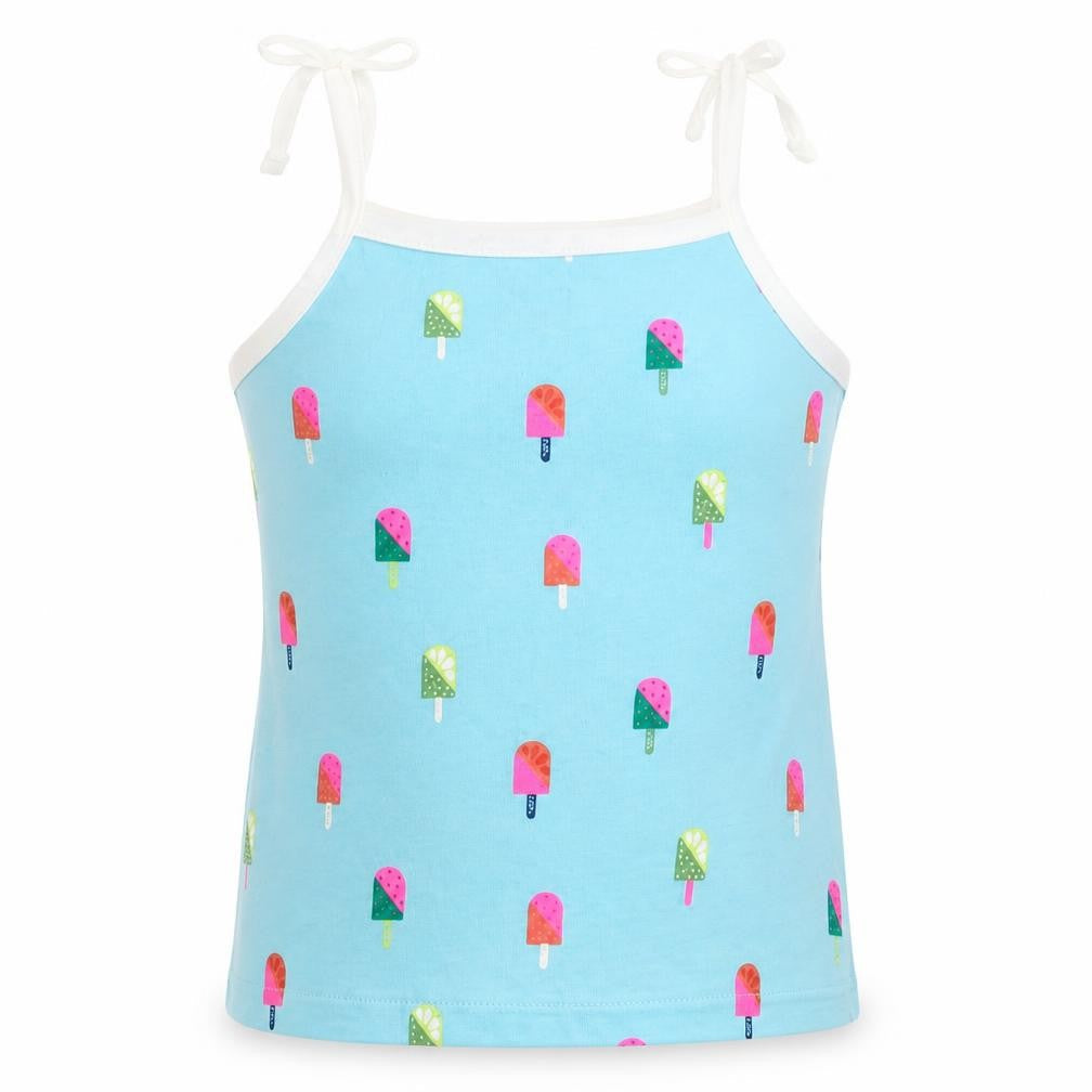 Front view of Marks & Spencer girls’ blue geometric cotton basic tank, size 2-3, years square neck pullover