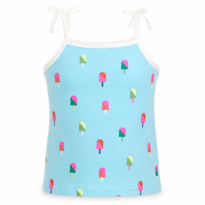 Front view of Marks & Spencer girls’ blue geometric cotton basic tank, size 2-3, years square neck pullover