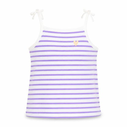 Front view of Marks & Spencer girls’ purple striped cotton basic tank, size 2-3, years square neck pullover