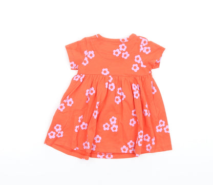 Marks and Spencer Girls Orange Floral Cotton Fit & Flare Size 0-3 Months Round Neck Snap