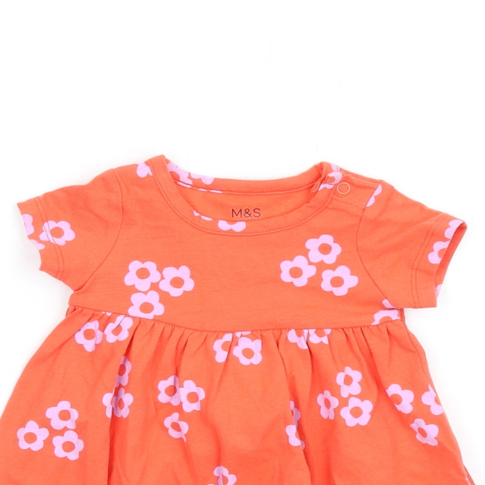 Marks and Spencer Girls Orange Floral Cotton Fit & Flare Size 0-3 Months Round Neck Snap