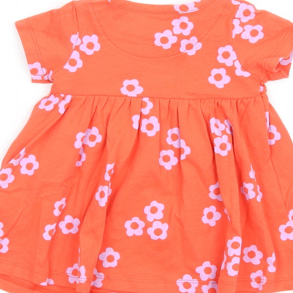 Marks and Spencer Girls Orange Floral Cotton Fit & Flare Size 0-3 Months Round Neck Snap