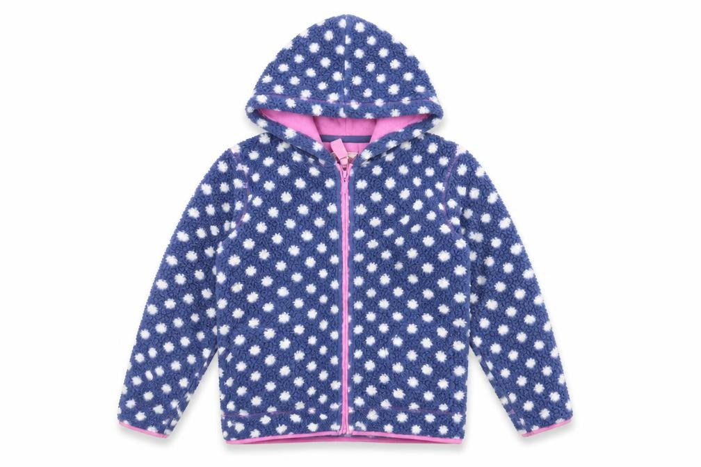 Front view of Lazy Jacks girls’ blue polka dot jacket, size 11-12, years zip
