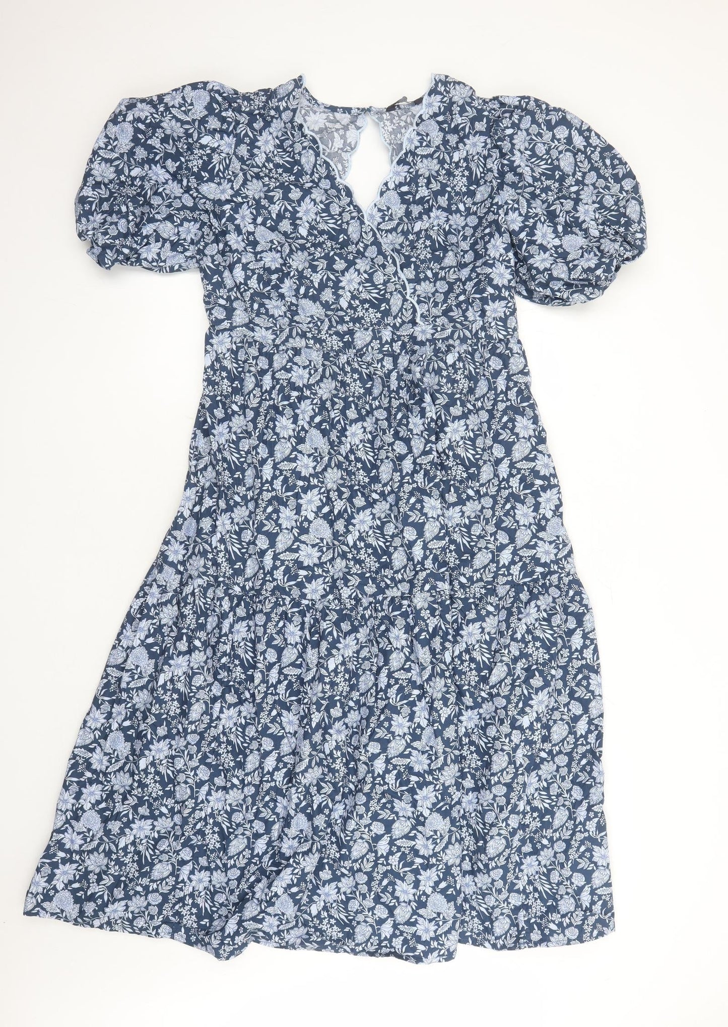 Marks and Spencer Womens Blue Floral Cotton Trapeze & Swing Size 14 V-Neck Button