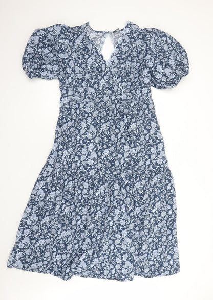 Marks and Spencer Womens Blue Floral Cotton Trapeze & Swing Size 14 V-Neck Button