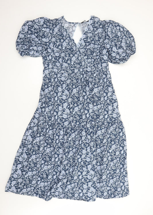 Marks and Spencer Womens Blue Floral Cotton Trapeze & Swing Size 14 V-Neck Button
