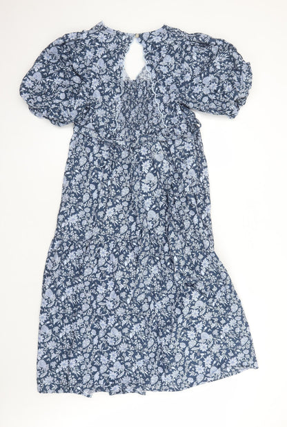 Marks and Spencer Womens Blue Floral Cotton Trapeze & Swing Size 14 V-Neck Button