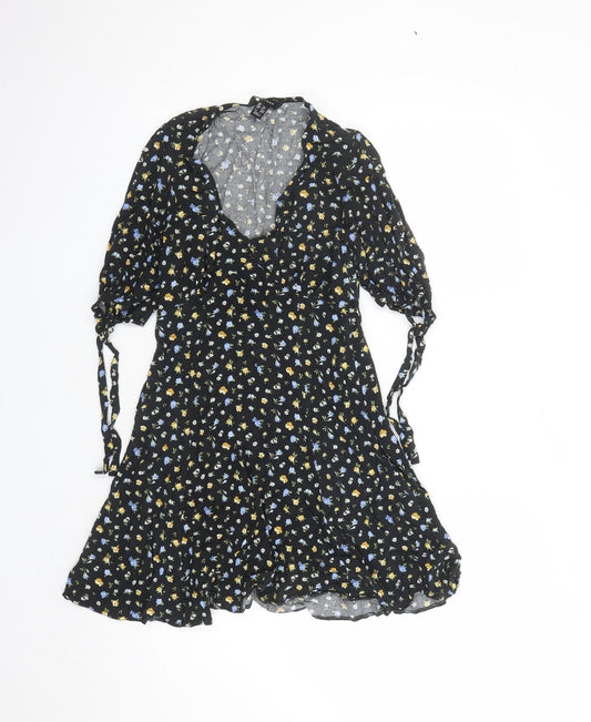 New Look Womens Black Floral Viscose A-Line Size 10 V-Neck Zip