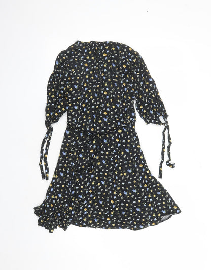 New Look Womens Black Floral Viscose A-Line Size 10 V-Neck Zip