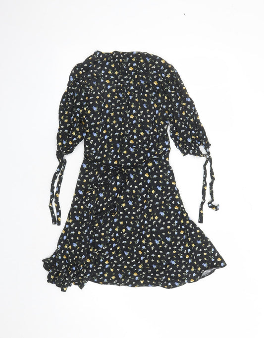 New Look Womens Black Floral Viscose A-Line Size 10 V-Neck Zip