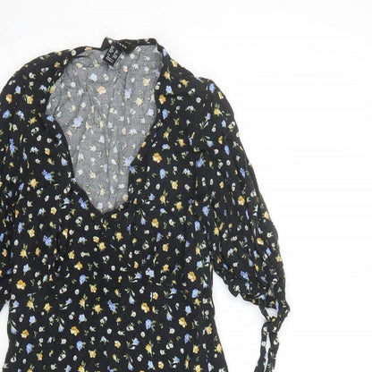 New Look Womens Black Floral Viscose A-Line Size 10 V-Neck Zip