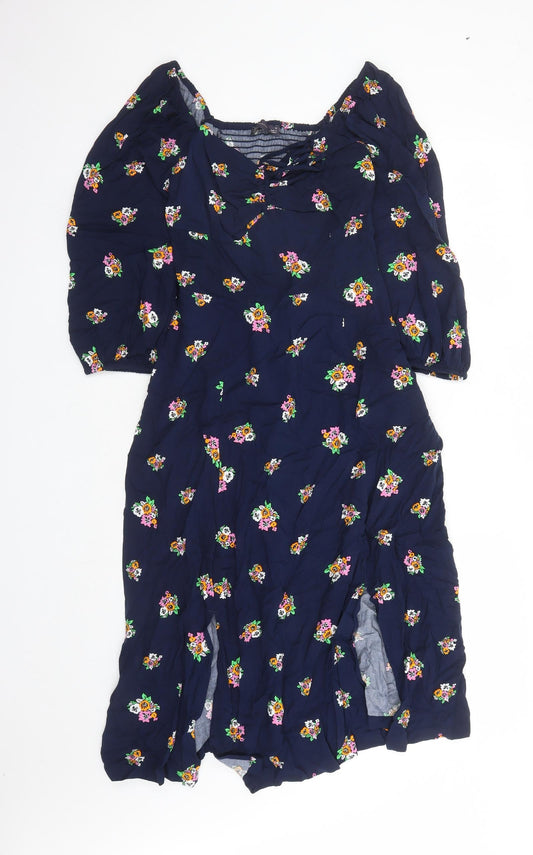Marks and Spencer Womens Blue Floral Viscose A-Line Size 8 V-Neck Zip - Split Detail