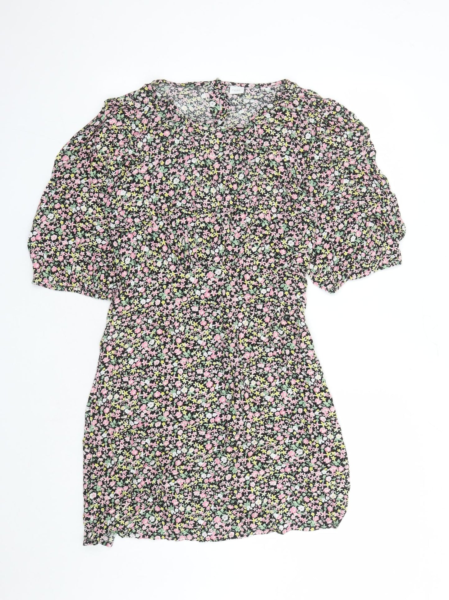 NEXT Girls Black Floral Viscose A-Line Size 16 Years Round Neck Button