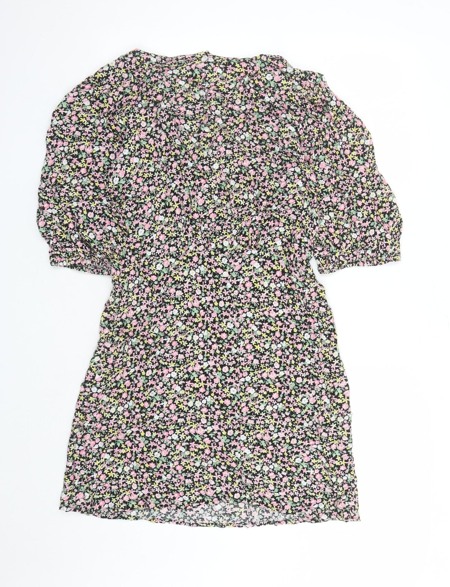 NEXT Girls Black Floral Viscose A-Line Size 16 Years Round Neck Button