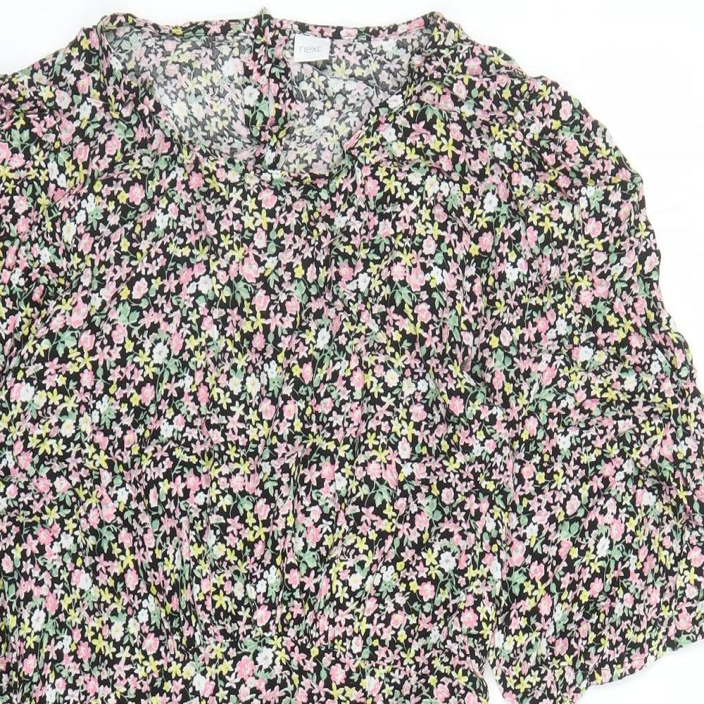 NEXT Girls Black Floral Viscose A-Line Size 16 Years Round Neck Button