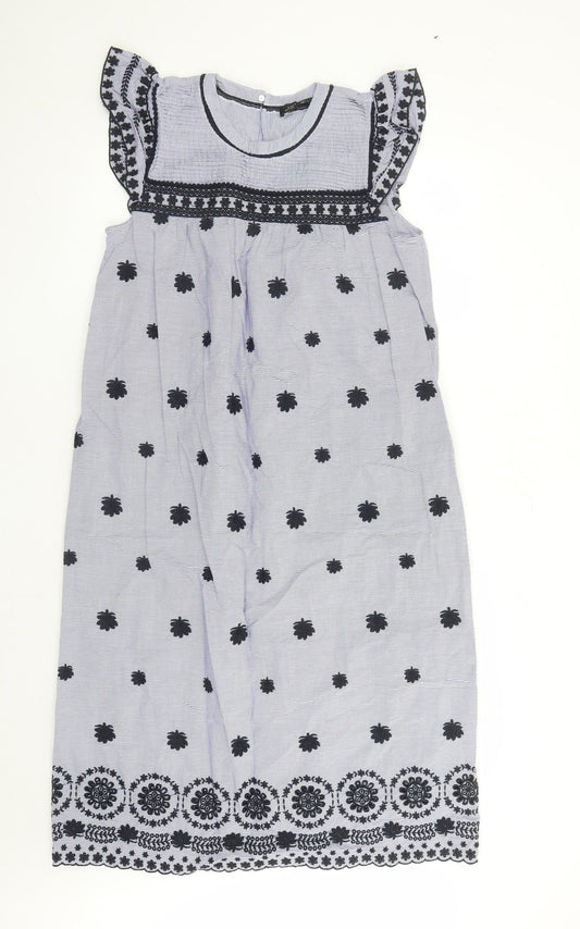 Zara Womens Blue Striped 100% Cotton A-Line Size M Round Neck Button - Embroidered Detail