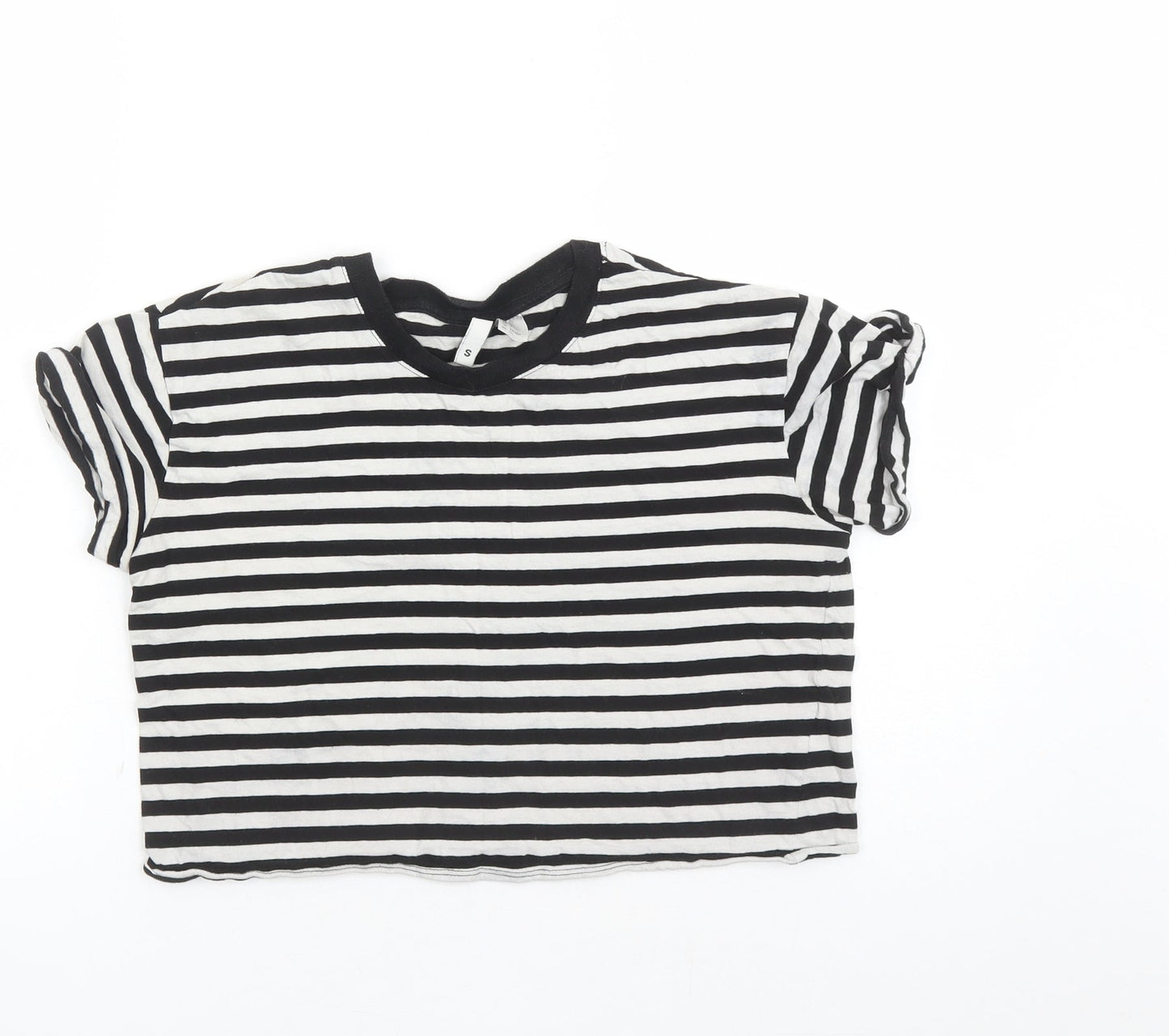 Divided by H&M Womens Black Striped 100% Cotton Cropped T-Shirt Size S Crew Neck