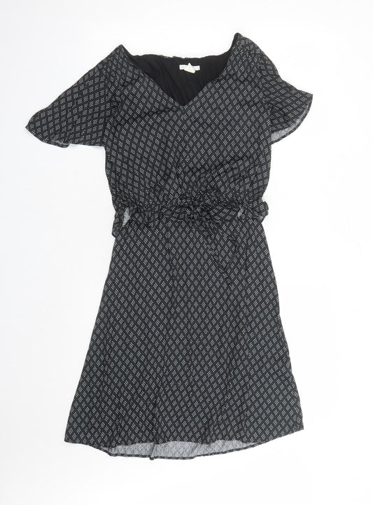 H&M Womens Black Geometric Polyester A-Line Size S V-Neck Pullover