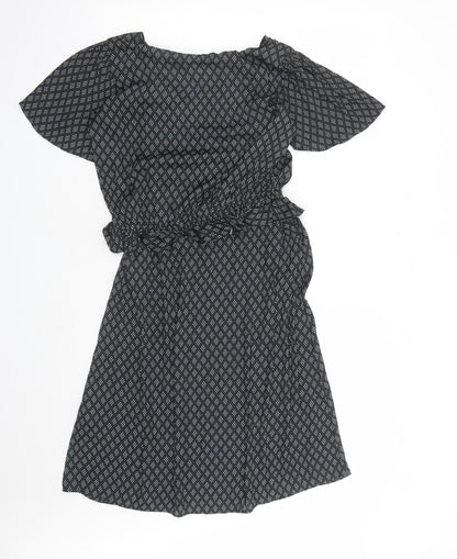 H&M Womens Black Geometric Polyester A-Line Size S V-Neck Pullover