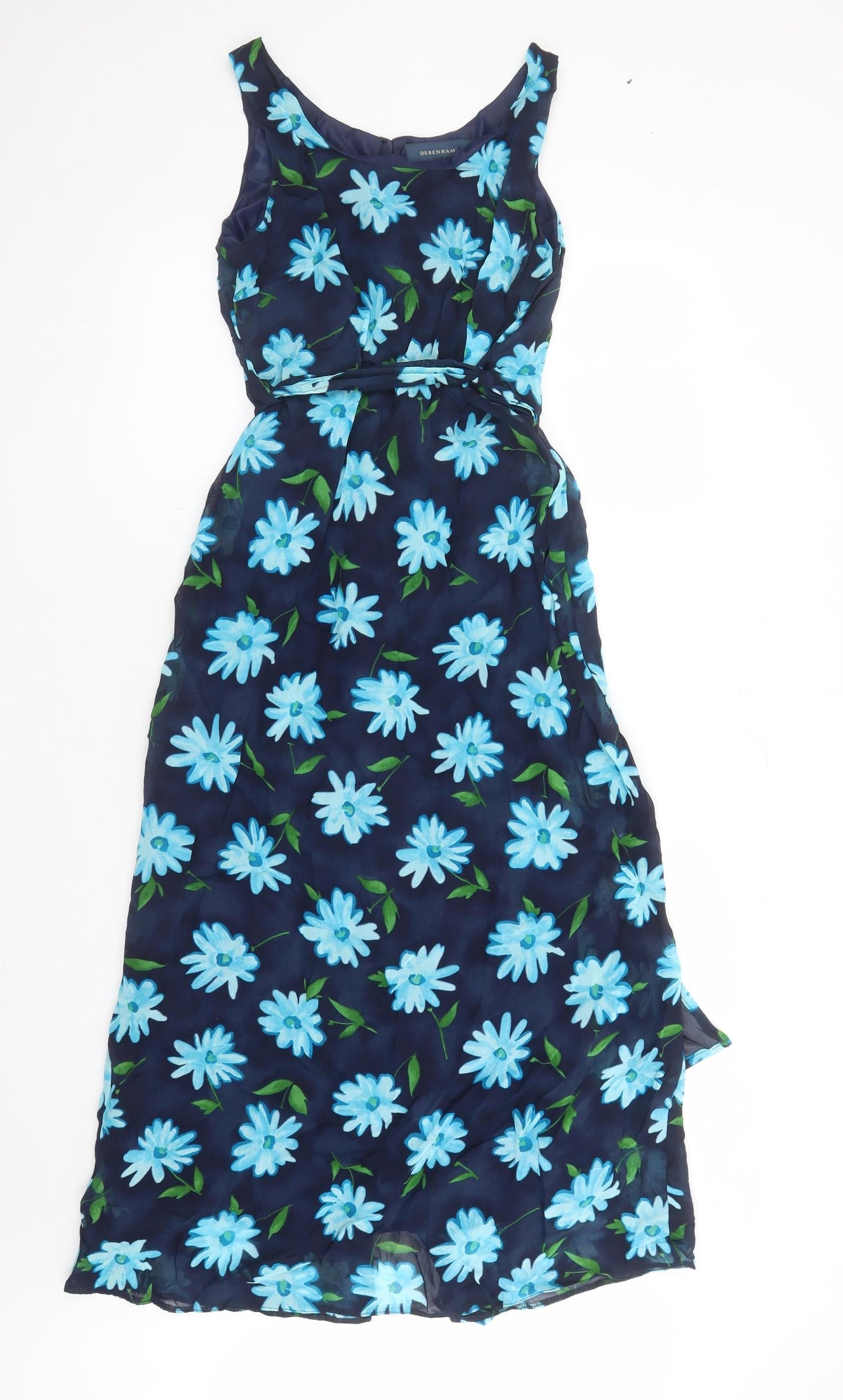 Debenhams Womens Blue Floral Viscose Maxi Size 12 Round Neck Button - Belted Lined