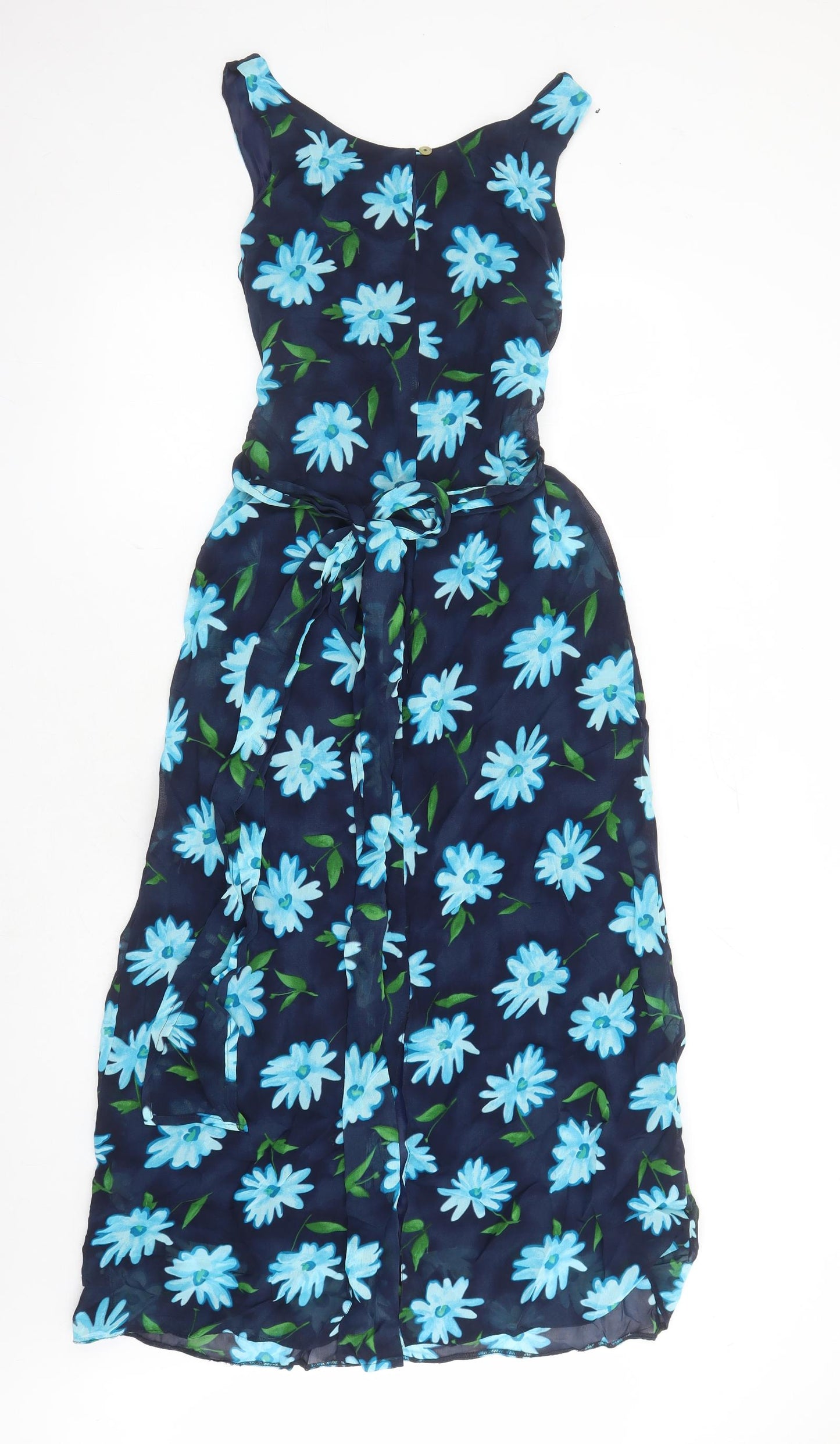 Debenhams Womens Blue Floral Viscose Maxi Size 12 Round Neck Button - Belted Lined