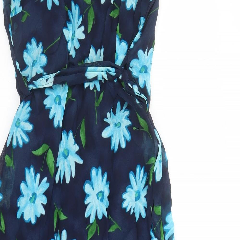 Debenhams Womens Blue Floral Viscose Maxi Size 12 Round Neck Button - Belted Lined