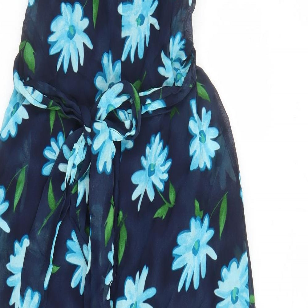 Debenhams Womens Blue Floral Viscose Maxi Size 12 Round Neck Button - Belted Lined