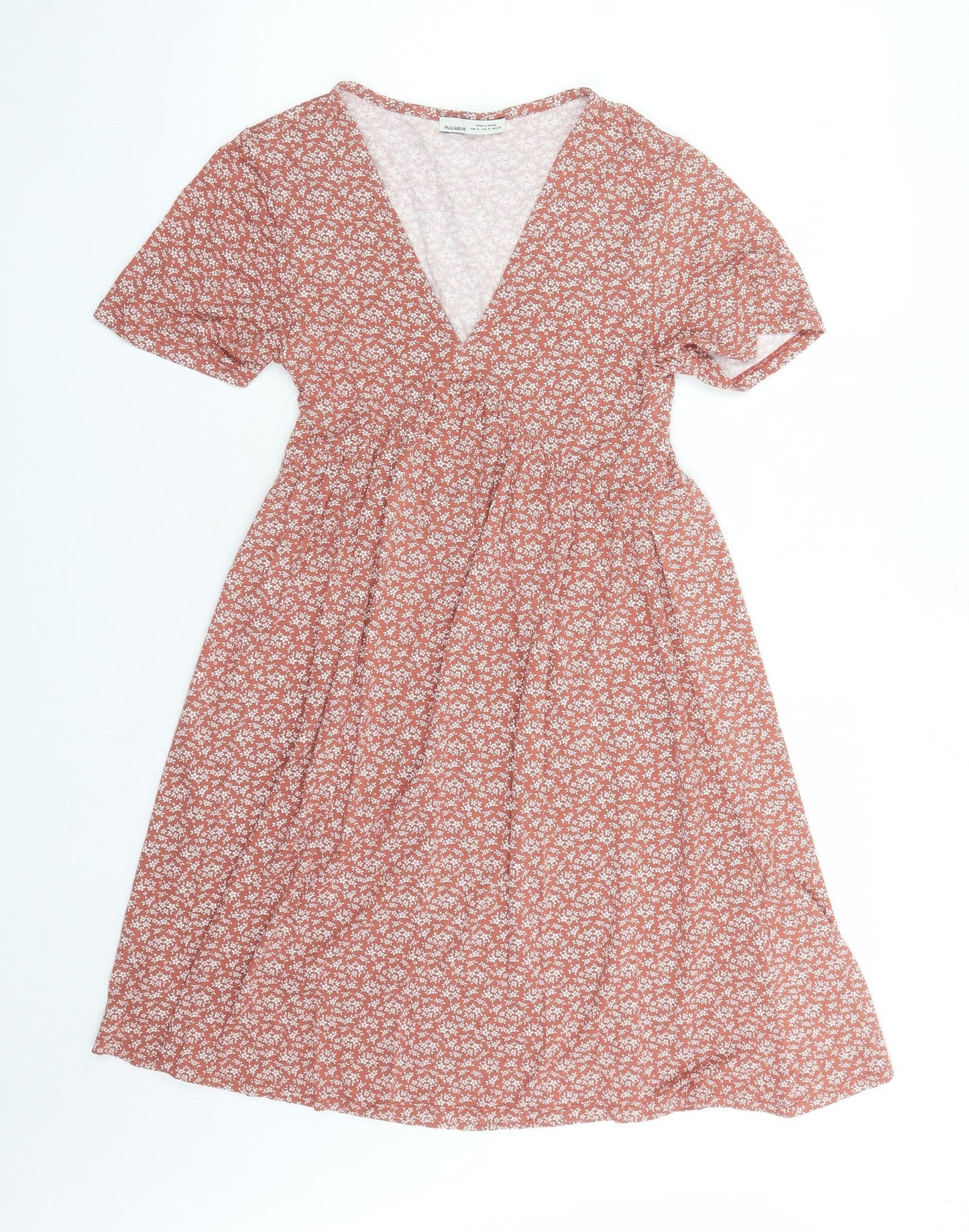 Pull&Bear Womens Brown Floral Polyester A-Line Size M V-Neck Pullover