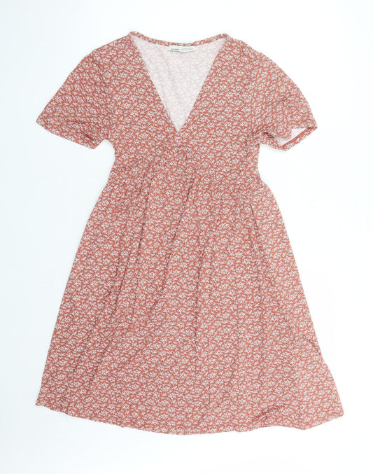 Pull&Bear Womens Brown Floral Polyester A-Line Size M V-Neck Pullover