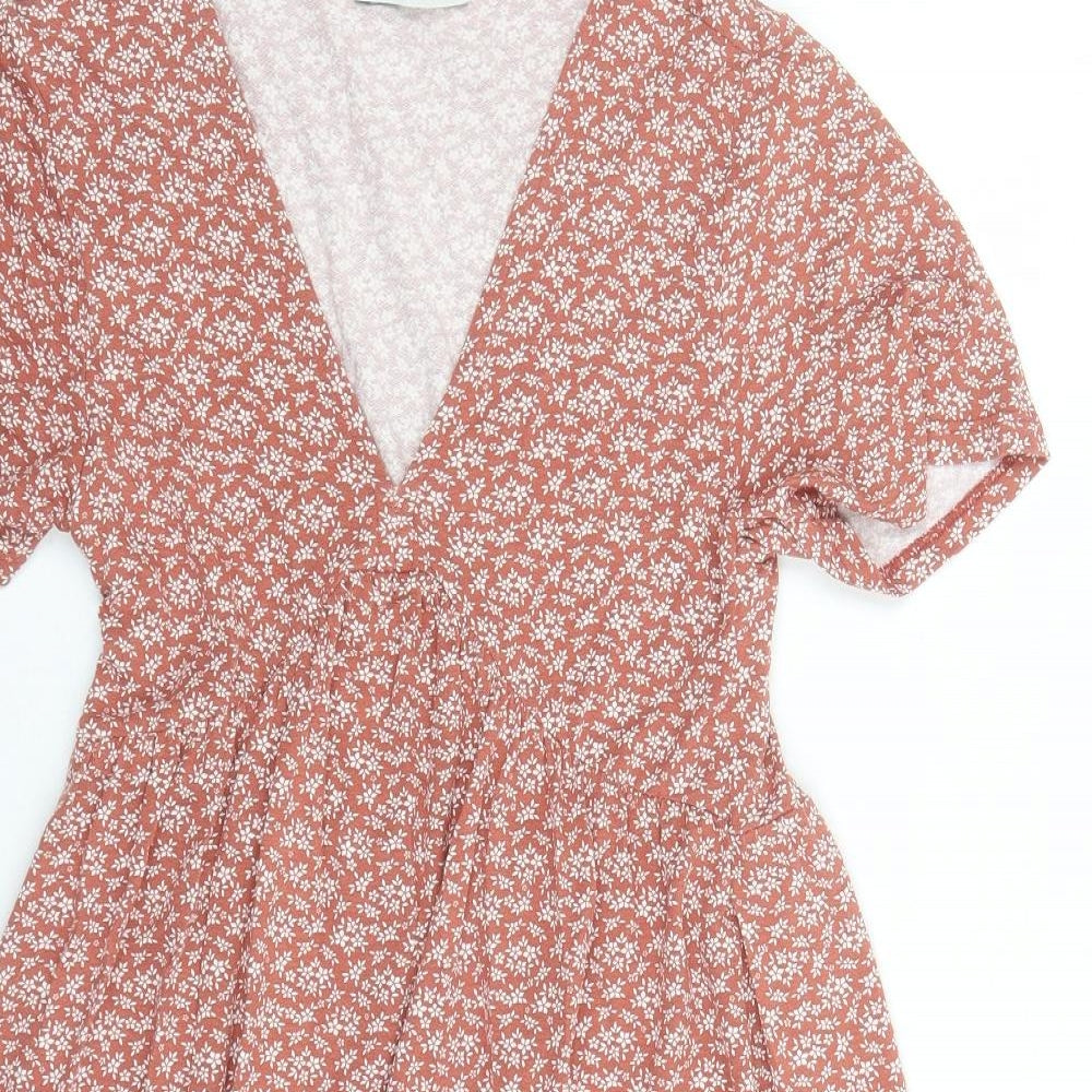 Pull&Bear Womens Brown Floral Polyester A-Line Size M V-Neck Pullover