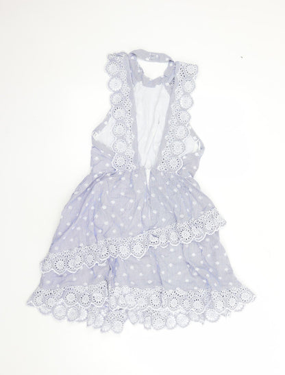 H&M Womens Blue Striped Cotton Fit & Flare Size 8 Halter Zip - Embroidered Detail Open Back