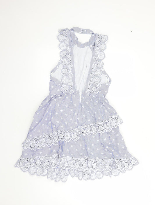 H&M Womens Blue Striped Cotton Fit & Flare Size 8 Halter Zip - Embroidered Detail Open Back