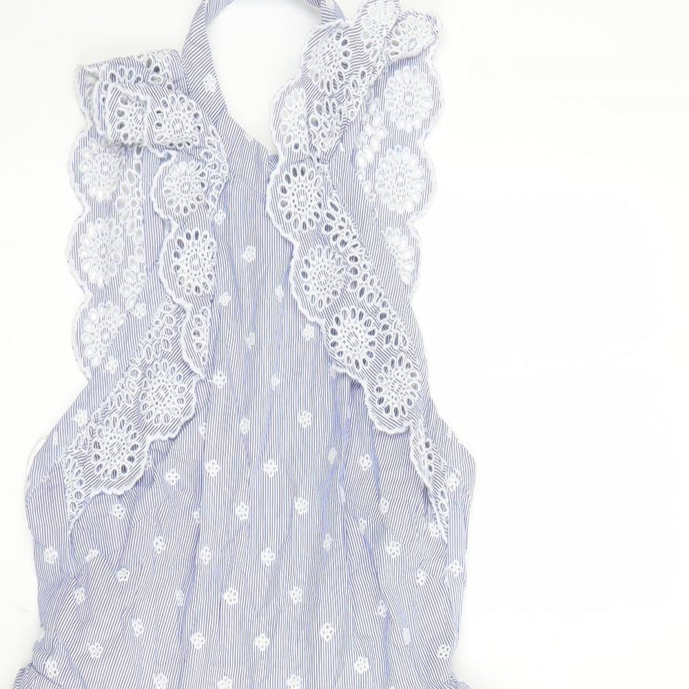 H&M Womens Blue Striped Cotton Fit & Flare Size 8 Halter Zip - Embroidered Detail Open Back