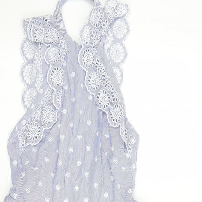 H&M Womens Blue Striped Cotton Fit & Flare Size 8 Halter Zip - Embroidered Detail Open Back