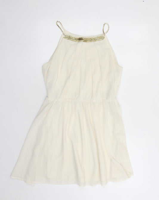 FOREVER 21 Womens Ivory Polyester A-Line Size M Round Neck Button - Beaded Neckline