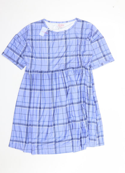 Urban Threads Womens Blue Plaid Polyester A-Line Size 12 Round Neck Pullover