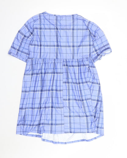 Urban Threads Womens Blue Plaid Polyester A-Line Size 12 Round Neck Pullover