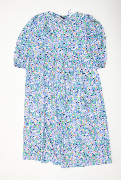 Marks and Spencer Womens Blue Floral Cotton A-Line Size 12 Round Neck Tie